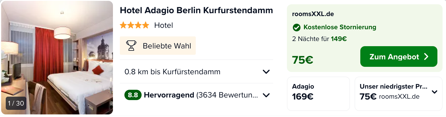 Wenn ihr auf unseren Link klickt, landet ihr in der Meta-Suche von Trivago. Dort klickt ihr einfach auf das Angebot von roomXXL.de