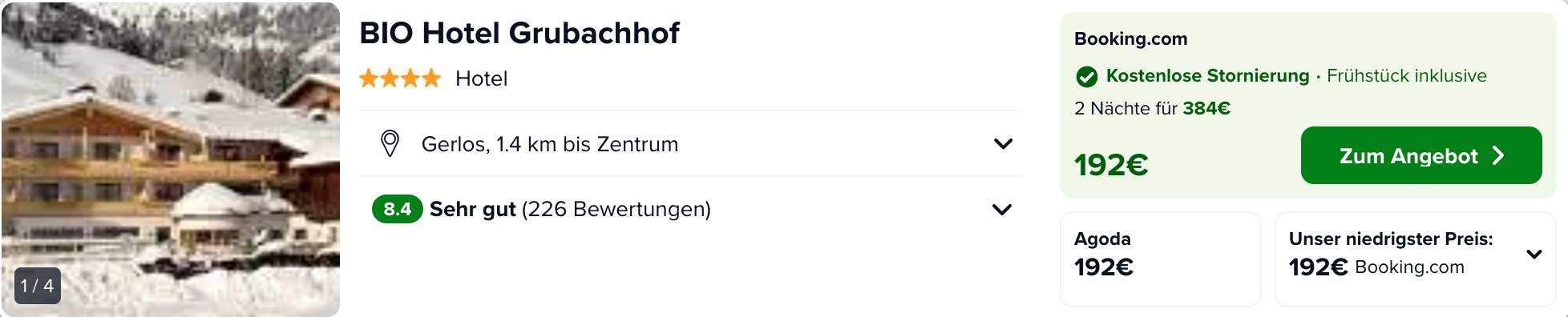 Bsp. letzter Juli-Wochenende: Auf allen anderen Buchungsplattformen kosten 2 Nächte mindestens 384€, also 192€ pro Person – NUR mit Frühstück!