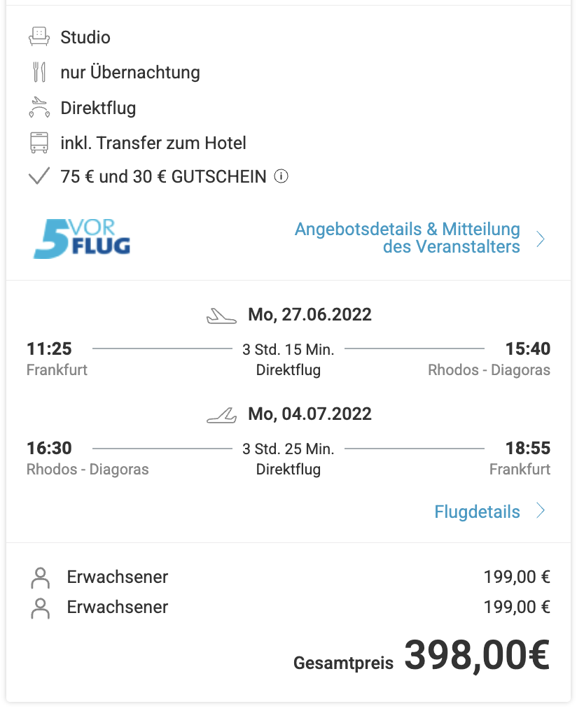Dieses Angebot ist nur ein Beispiel, Abflughäfen und Reisedaten könnt ihr ganz einfach unter "𝗭𝗨𝗠 𝗗𝗘𝗔𝗟" individuell einstellen. Reisepreise, vor allem bei Lastminute-Abreisen, können sich außerdem rasant ändern; sollte dieser Dealpreis nicht mehr verfügbar sein, dann zeigt euch unser System automatisch den neuen Bestpreis an. 😊