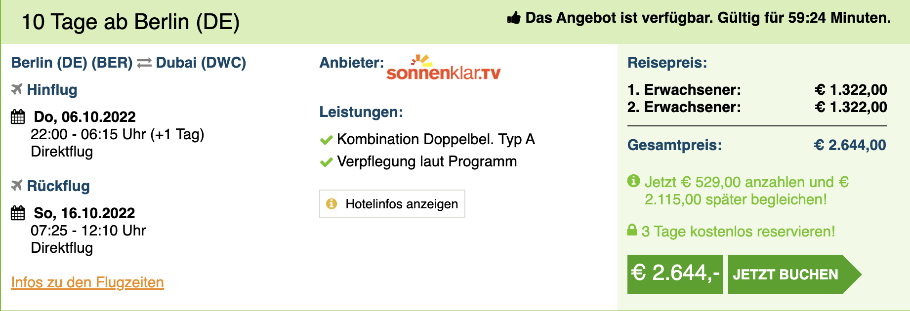 Dieses Angebot ist nur ein Beispiel, Abflughäfen und Reisedaten könnt ihr ganz einfach unter "𝗭𝗨𝗠 𝗗𝗘𝗔𝗟" individuell einstellen. Reisepreise, vor allem bei Lastminute-Abreisen, können sich außerdem rasant ändern; sollte dieser Dealpreis nicht mehr verfügbar sein, dann zeigt euch unser System automatisch den neuen Bestpreis an. 😊