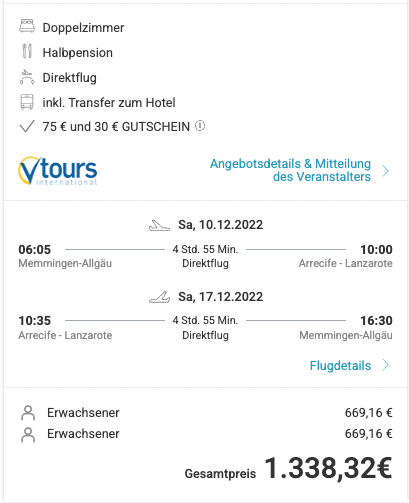 Dieses Angebot ist nur ein Beispiel, Abflughäfen und Reisedaten könnt ihr ganz einfach unter "𝗭𝗨𝗠 𝗗𝗘𝗔𝗟" individuell einstellen. Reisepreise, vor allem bei Lastminute-Abreisen, können sich außerdem rasant ändern; sollte dieser Dealpreis nicht mehr verfügbar sein, dann zeigt euch unser System automatisch den neuen Bestpreis an. 😊