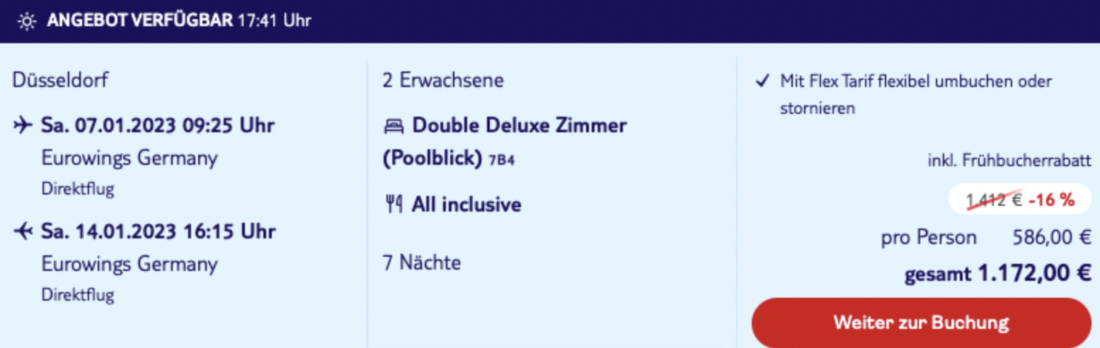 Dieses Angebot ist nur ein Beispiel, Abflughäfen und Reisedaten könnt ihr ganz einfach unter "𝗭𝗨𝗠 𝗗𝗘𝗔𝗟" individuell einstellen. Reisepreise, vor allem bei Lastminute-Abreisen, können sich außerdem rasant ändern; sollte dieser Dealpreis nicht mehr verfügbar sein, dann zeigt euch unser System automatisch den neuen Bestpreis an. 😊