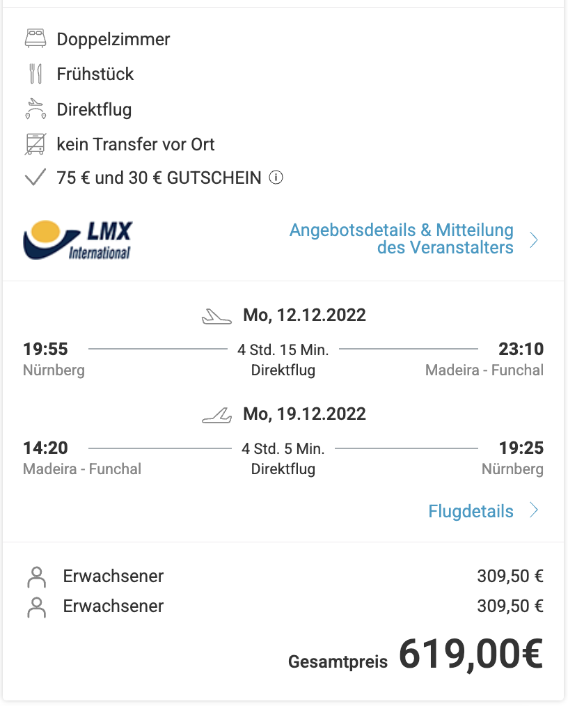 Dieses Angebot ist nur ein Beispiel, Abflughäfen und Reisedaten könnt ihr ganz einfach unter "𝗭𝗨𝗠 𝗗𝗘𝗔𝗟" individuell einstellen. Reisepreise, vor allem bei Lastminute-Abreisen, können sich außerdem rasant ändern; sollte dieser Dealpreis nicht mehr verfügbar sein, dann zeigt euch unser System automatisch den neuen Bestpreis an. 😊