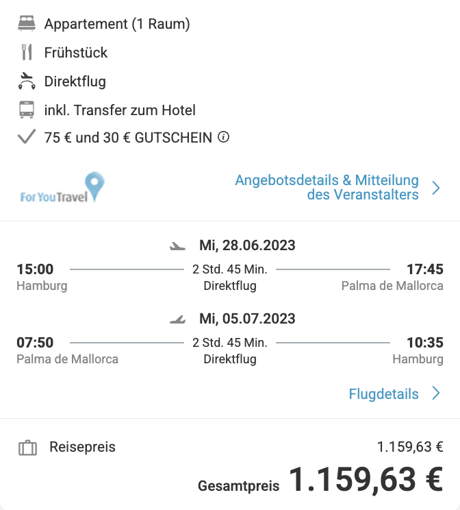 Dieses Angebot ist nur ein Beispiel, Abflughäfen und Reisedaten könnt ihr ganz einfach unter "𝗭𝗨𝗠 𝗗𝗘𝗔𝗟" individuell einstellen. Reisepreise, vor allem bei Lastminute-Abreisen, können sich außerdem rasant ändern; sollte dieser Dealpreis nicht mehr verfügbar sein, dann zeigt euch unser System automatisch den neuen Bestpreis an. 😊