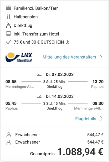 Dieses Angebot ist nur ein Beispiel, Abflughäfen und Reisedaten könnt ihr ganz einfach unter "𝗭𝗨𝗠 𝗗𝗘𝗔𝗟" individuell einstellen. Reisepreise, vor allem bei Lastminute-Abreisen, können sich außerdem rasant ändern; sollte dieser Dealpreis nicht mehr verfügbar sein, dann zeigt euch unser System automatisch den neuen Bestpreis an. 😊