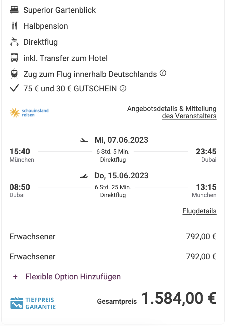 Dieses Angebot ist nur ein Beispiel, Abflughäfen und Reisedaten könnt ihr ganz einfach unter "𝗭𝗨𝗠 𝗗𝗘𝗔𝗟" individuell einstellen. Reisepreise, vor allem bei Lastminute-Abreisen, können sich außerdem rasant ändern; sollte dieser Dealpreis nicht mehr verfügbar sein, dann zeigt euch unser System automatisch den neuen Bestpreis an. 😊