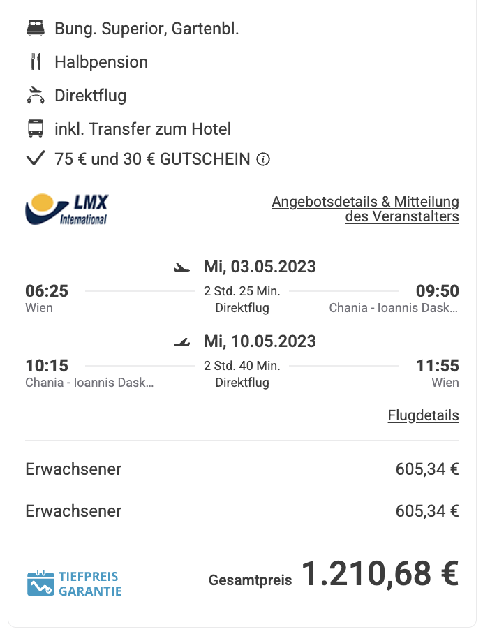 Dieses Angebot ist nur ein Beispiel, Abflughäfen und Reisedaten könnt ihr ganz einfach unter "𝗭𝗨𝗠 𝗗𝗘𝗔𝗟" individuell einstellen. Reisepreise, vor allem bei Lastminute-Abreisen, können sich außerdem rasant ändern; sollte dieser Dealpreis nicht mehr verfügbar sein, dann zeigt euch unser System automatisch den neuen Bestpreis an. 😊