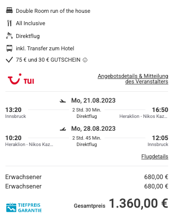 Dieses Angebot ist nur ein Beispiel, Abflughäfen und Reisedaten könnt ihr ganz einfach unter "𝗭𝗨𝗠 𝗗𝗘𝗔𝗟" individuell einstellen. Reisepreise, vor allem bei Lastminute-Abreisen, können sich außerdem rasant ändern; sollte dieser Dealpreis nicht mehr verfügbar sein, dann zeigt euch unser System automatisch den neuen Bestpreis an. 😊
