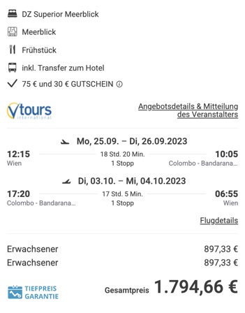 Dieses Angebot ist nur ein Beispiel, Abflughäfen und Reisedaten könnt ihr ganz einfach unter "𝗭𝗨𝗠 𝗗𝗘𝗔𝗟" individuell einstellen. Reisepreise, vor allem bei Lastminute-Abreisen, können sich außerdem rasant ändern; sollte dieser Dealpreis nicht mehr verfügbar sein, dann zeigt euch unser System automatisch den neuen Bestpreis an. 😊