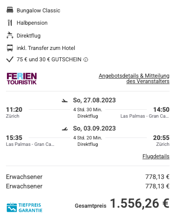 Dieses Angebot ist nur ein Beispiel, Abflughäfen und Reisedaten könnt ihr ganz einfach unter "𝗭𝗨𝗠 𝗗𝗘𝗔𝗟" individuell einstellen. Reisepreise, vor allem bei Lastminute-Abreisen, können sich außerdem rasant ändern; sollte dieser Dealpreis nicht mehr verfügbar sein, dann zeigt euch unser System automatisch den neuen Bestpreis an. 😊