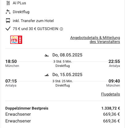 Dieses Angebot ist nur ein Beispiel, Abflughäfen und Reisedaten könnt ihr ganz einfach unter "𝗭𝗨𝗠 𝗗𝗘𝗔𝗟" individuell einstellen. Reisepreise, vor allem bei Lastminute-Abreisen, können sich außerdem rasant ändern; sollte dieser Dealpreis nicht mehr verfügbar sein, dann zeigt euch unser System automatisch den neuen Bestpreis an. 😊