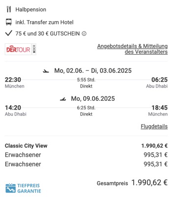 Dieses Angebot ist nur ein Beispiel, Abflughäfen und Reisedaten könnt ihr ganz einfach unter "𝗭𝗨𝗠 𝗗𝗘𝗔𝗟" individuell einstellen. Reisepreise, vor allem bei Lastminute-Abreisen, können sich außerdem rasant ändern; sollte dieser Dealpreis nicht mehr verfügbar sein, dann zeigt euch unser System automatisch den neuen Bestpreis an. 😊