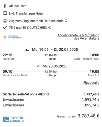Dieses Angebot ist nur ein Beispiel, Abflughäfen und Reisedaten könnt ihr ganz einfach unter "𝗭𝗨𝗠 𝗗𝗘𝗔𝗟" individuell einstellen. Reisepreise, vor allem bei Lastminute-Abreisen, können sich außerdem rasant ändern; sollte dieser Dealpreis nicht mehr verfügbar sein, dann zeigt euch unser System automatisch den neuen Bestpreis an. 😊