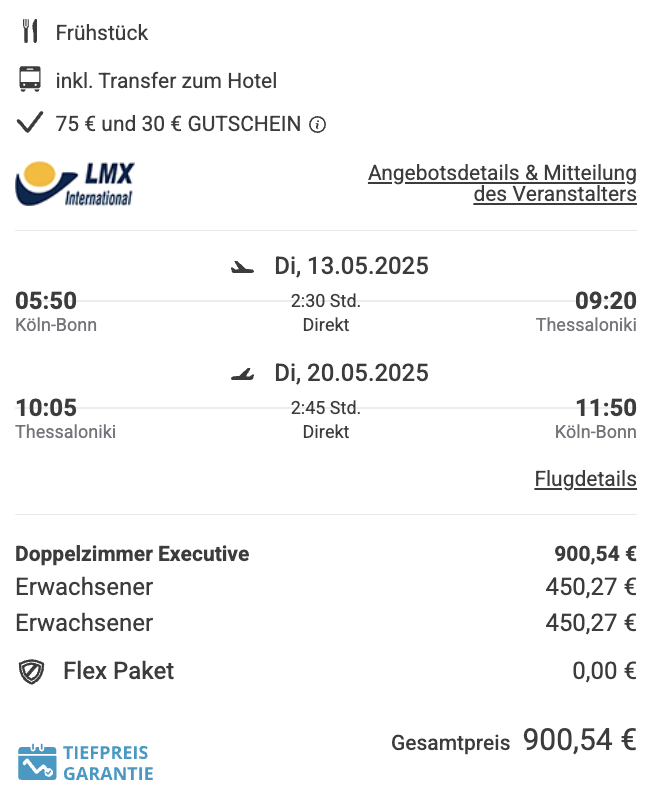Dieses Angebot ist nur ein Beispiel, Abflughäfen und Reisedaten könnt ihr ganz einfach unter "𝗭𝗨𝗠 𝗗𝗘𝗔𝗟" individuell einstellen. Reisepreise können sich außerdem rasant ändern; sollte dieser Dealpreis nicht mehr verfügbar sein, dann zeigt euch unser System automatisch den neuen Bestpreis an. 😊