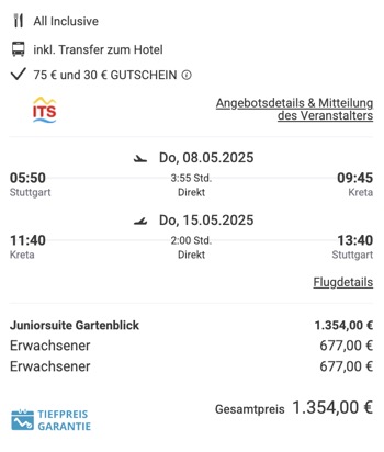 Dieses Angebot ist nur ein Beispiel, Abflughäfen und Reisedaten könnt ihr ganz einfach unter "𝗭𝗨𝗠 𝗗𝗘𝗔𝗟" individuell einstellen. Reisepreise, vor allem bei Lastminute-Abreisen, können sich außerdem rasant ändern; sollte dieser Dealpreis nicht mehr verfügbar sein, dann zeigt euch unser System automatisch den neuen Bestpreis an.