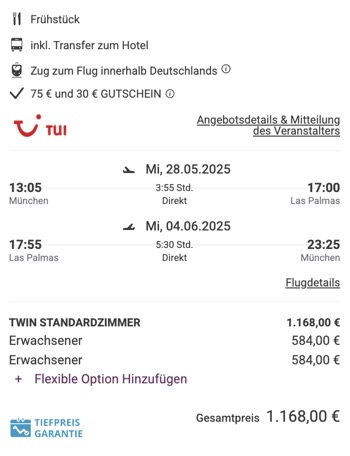 Dieses Angebot ist nur ein Beispiel, Abflughäfen und Reisedaten könnt ihr ganz einfach unter "𝗭𝗨𝗠 𝗗𝗘𝗔𝗟" individuell einstellen. Reisepreise, vor allem bei Lastminute-Abreisen, können sich außerdem rasant ändern; sollte dieser Dealpreis nicht mehr verfügbar sein, dann zeigt euch unser System automatisch den neuen Bestpreis an. 😊