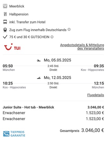 Dieses Angebot ist nur ein Beispiel, Abflughäfen und Reisedaten könnt ihr ganz einfach unter "𝗭𝗨𝗠 𝗗𝗘𝗔𝗟" individuell einstellen. Reisepreise, vor allem bei Lastminute-Abreisen, können sich außerdem rasant ändern; sollte dieser Dealpreis nicht mehr verfügbar sein, dann zeigt euch unser System automatisch den neuen Bestpreis an. 😊