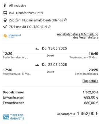 Dieses Angebot ist nur ein Beispiel, Abflughäfen und Reisedaten könnt ihr ganz einfach unter "𝗭𝗨𝗠 𝗗𝗘𝗔𝗟" individuell einstellen. Reisepreise, vor allem bei Lastminute-Abreisen, können sich außerdem rasant ändern; sollte dieser Dealpreis nicht mehr verfügbar sein, dann zeigt euch unser System automatisch den neuen Bestpreis an. 😊