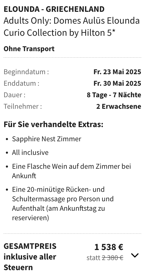 Dieses Angebot ist nur ein Beispiel, Abflughäfen und Reisedaten könnt ihr ganz einfach unter "𝗭𝗨𝗠 𝗗𝗘𝗔𝗟" individuell einstellen. Reisepreise, vor allem bei Lastminute-Abreisen, können sich außerdem rasant ändern; sollte dieser Dealpreis nicht mehr verfügbar sein, dann zeigt euch unser System automatisch den neuen Bestpreis an.