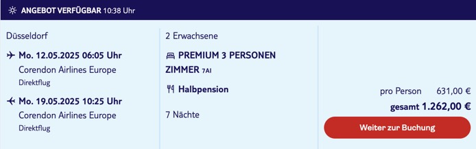 Dieses Angebot ist nur ein Beispiel, Abflughäfen und Reisedaten könnt ihr ganz einfach unter "𝗭𝗨𝗠 𝗗𝗘𝗔𝗟" individuell einstellen. Reisepreise, vor allem bei Lastminute-Abreisen, können sich außerdem rasant ändern; sollte dieser Dealpreis nicht mehr verfügbar sein, dann zeigt euch unser System automatisch den neuen Bestpreis an.