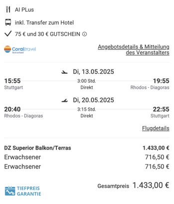 Dieses Angebot ist nur ein Beispiel, Abflughäfen und Reisedaten könnt ihr ganz einfach unter "𝗭𝗨𝗠 𝗗𝗘𝗔𝗟" individuell einstellen. Reisepreise, vor allem bei Lastminute-Abreisen, können sich außerdem rasant ändern; sollte dieser Dealpreis nicht mehr verfügbar sein, dann zeigt euch unser System automatisch den neuen Bestpreis an.
