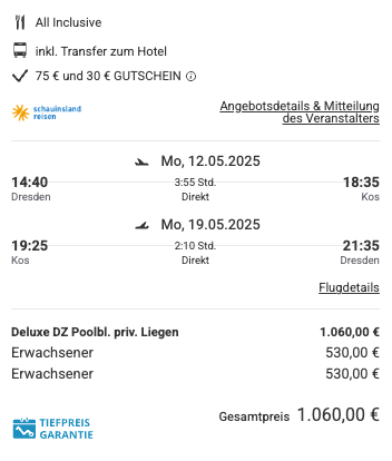 Dieses Angebot ist nur ein Beispiel, Abflughäfen und Reisedaten könnt ihr ganz einfach unter "𝗭𝗨𝗠 𝗗𝗘𝗔𝗟" individuell einstellen. Reisepreise, vor allem bei Lastminute-Abreisen, können sich außerdem rasant ändern; sollte dieser Dealpreis nicht mehr verfügbar sein, dann zeigt euch unser System automatisch den neuen Bestpreis an. 😊