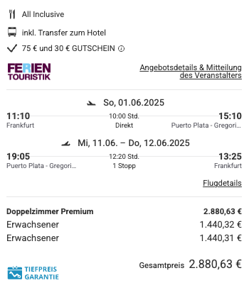 Dieses Angebot ist nur ein Beispiel, Abflughäfen und Reisedaten könnt ihr ganz einfach unter "𝗭𝗨𝗠 𝗗𝗘𝗔𝗟" individuell einstellen. Reisepreise, vor allem bei Lastminute-Abreisen, können sich außerdem rasant ändern; sollte dieser Dealpreis nicht mehr verfügbar sein, dann zeigt euch unser System automatisch den neuen Bestpreis an. 😊