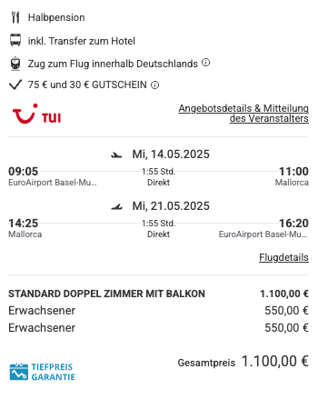 Dieses Angebot ist nur ein Beispiel, Abflughäfen und Reisedaten könnt ihr ganz einfach unter "𝗭𝗨𝗠 𝗗𝗘��𝗔𝗟" individuell einstellen. Reisepreise, vor allem bei Lastminute-Abreisen, können sich außerdem rasant ändern; sollte dieser Dealpreis nicht mehr verfügbar sein, dann zeigt euch unser System automatisch den neuen Bestpreis an. 😊