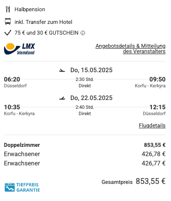 Dieses Angebot ist nur ein Beispiel, Abflughäfen und Reisedaten könnt ihr ganz einfach unter "𝗭𝗨𝗠 𝗗𝗘𝗔𝗟" individuell einstellen. Reisepreise, vor allem bei Lastminute-Abreisen, können sich außerdem rasant ändern; sollte dieser Dealpreis nicht mehr verfügbar sein, dann zeigt euch unser System automatisch den neuen Bestpreis an.