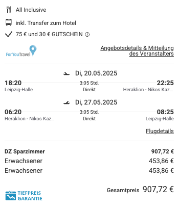 Dieses Angebot ist nur ein Beispiel, Abflughäfen und Reisedaten könnt ihr ganz einfach unter "𝗭𝗨𝗠 𝗗𝗘𝗔𝗟" individuell einstellen. Reisepreise, vor allem bei Lastminute-Abreisen, können sich außerdem rasant ändern; sollte dieser Dealpreis nicht mehr verfügbar sein, dann zeigt euch unser System automatisch den neuen Bestpreis an. 😊