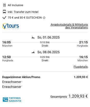 Dieses Angebot ist nur ein Beispiel, Abflughäfen und Reisedaten könnt ihr ganz einfach unter "𝗭𝗨𝗠 𝗗𝗘𝗔𝗟" individuell einstellen. Reisepreise, vor allem bei Lastminute-Abreisen, können sich außerdem rasant ändern; sollte dieser Dealpreis nicht mehr verfügbar sein, dann zeigt euch unser System automatisch den neuen Bestpreis an. 😊