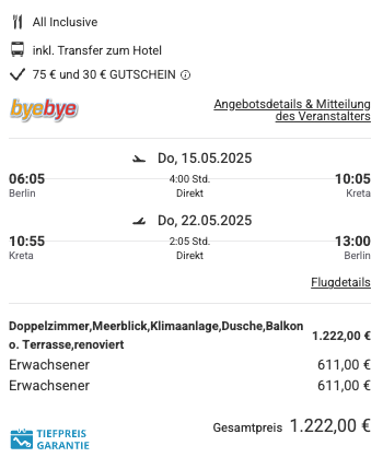 Dieses Angebot ist nur ein Beispiel, Abflughäfen und Reisedaten könnt ihr ganz einfach unter "𝗭𝗨𝗠 𝗗𝗘𝗔𝗟" individuell einstellen. Reisepreise, vor allem bei Lastminute-Abreisen, können sich außerdem rasant ändern; sollte dieser Dealpreis nicht mehr verfügbar sein, dann zeigt euch unser System automatisch den neuen Bestpreis an. 😊