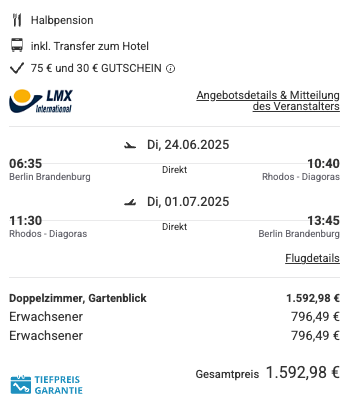 Dieses Angebot ist nur ein Beispiel, Abflughäfen und Reisedaten könnt ihr ganz einfach unter "𝗭��𝗨𝗠 𝗗𝗘𝗔𝗟" individuell einstellen. Reisepreise, vor allem bei Lastminute-Abreisen, können sich außerdem rasant ändern; sollte dieser Dealpreis nicht mehr verfügbar sein, dann zeigt euch unser System automatisch den neuen Bestpreis an. 😊