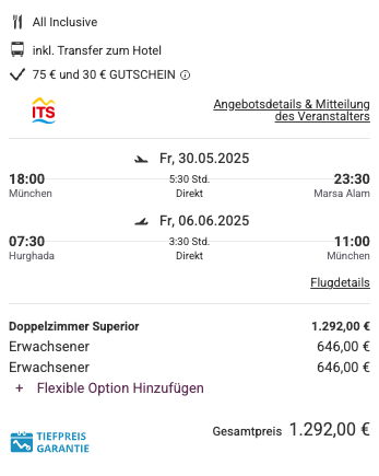 Dieses Angebot ist nur ein Beispiel, Abflughäfen und Reisedaten könnt ihr ganz einfach unter "𝗭𝗨𝗠 𝗗𝗘𝗔𝗟" individuell einstellen. Reisepreise, vor allem bei Lastminute-Abreisen, können sich außerdem rasant ändern; sollte dieser Dealpreis nicht mehr verfügbar sein, dann zeigt euch unser System automatisch den neuen Bestpreis an. 😊