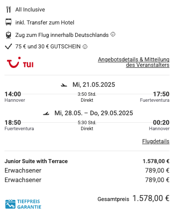 Dieses Angebot ist nur ein Beispiel, Abflughäfen und Reisedaten könnt ihr ganz einfach unter "𝗭𝗨𝗠 𝗗𝗘𝗔𝗟" individuell einstellen. Reisepreise, vor allem bei Lastminute-Abreisen, können sich außerdem rasant ändern; sollte dieser Dealpreis nicht mehr verfügbar sein, dann zeigt euch unser System automatisch den neuen Bestpreis an. 😊