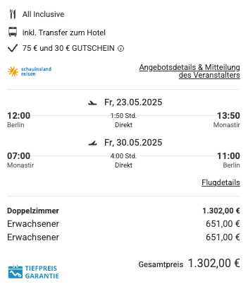 Dieses Angebot ist nur ein Beispiel, Abflughäfen und Reisedaten könnt ihr ganz einfach unter "𝗭𝗨𝗠 𝗗𝗘𝗔𝗟" individuell einstellen. Reisepreise, vor allem bei Lastminute-Abreisen, können sich außerdem rasant ändern; sollte dieser Dealpreis nicht mehr verfügbar sein, dann zeigt euch unser System automatisch den neuen Bestpreis an. 😊