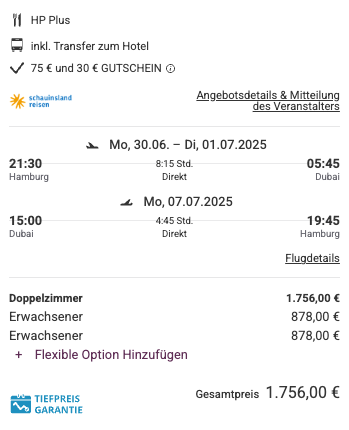 Dieses Angebot ist nur ein Beispiel, Abflughäfen und Reisedaten könnt ihr ganz einfach unter "𝗭𝗨𝗠 𝗗𝗘𝗔𝗟" individuell einstellen. Reisepreise, vor allem bei Lastminute-Abreisen, können sich außerdem rasant ändern; sollte dieser Dealpreis nicht mehr verfügbar sein, dann zeigt euch unser System automatisch den neuen Bestpreis an. 😊