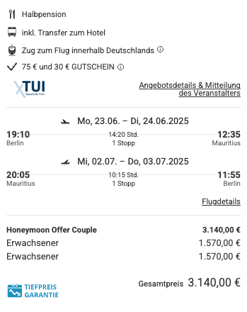 Dieses Angebot ist nur ein Beispiel, Abflughäfen und Reisedaten könnt ihr ganz einfach unter "𝗭𝗨𝗠 𝗗𝗘𝗔𝗟" individuell einstellen. Reisepreise, vor allem bei Lastminute-Abreisen, können sich außerdem rasant ändern; sollte dieser Dealpreis nicht mehr verfügbar sein, dann zeigt euch unser System automatisch den neuen Bestpreis an. 😊