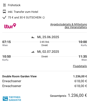 Dieses Angebot ist nur ein Beispiel, Abflughäfen und Reisedaten könnt ihr ganz einfach unter "𝗭𝗨𝗠 𝗗𝗘𝗔𝗟" individuell einstellen. Reisepreise, vor allem bei Lastminute-Abreisen, können sich außerdem rasant ändern; sollte dieser Dealpreis nicht mehr verfügbar sein, dann zeigt euch unser System automatisch den neuen Bestpreis an. 😊