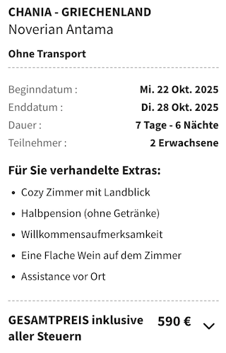 Dieses Angebot ist nur ein Beispiel, Abflughäfen und Reisedaten könnt ihr ganz einfach unter "𝗭𝗨𝗠 𝗗𝗘𝗔𝗟" individuell einstellen. Reisepreise, vor allem bei Lastminute-Abreisen, können sich außerdem rasant ändern; sollte dieser Dealpreis nicht mehr verfügbar sein, dann zeigt euch unser System automatisch den neuen Bestpreis an.