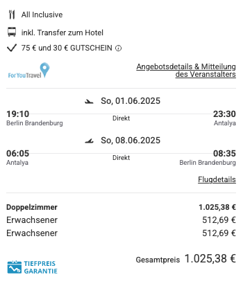 Dieses Angebot ist nur ein Beispiel, Abflughäfen und Reisedaten könnt ihr ganz einfach unter "𝗭𝗨𝗠 𝗗𝗘𝗔𝗟" individuell einstellen. Reisepreise, vor allem bei Lastminute-Abreisen, können sich außerdem rasant ändern; sollte dieser Dealpreis nicht mehr verfügbar sein, dann zeigt euch unser System automatisch den neuen Bestpreis an. 😊