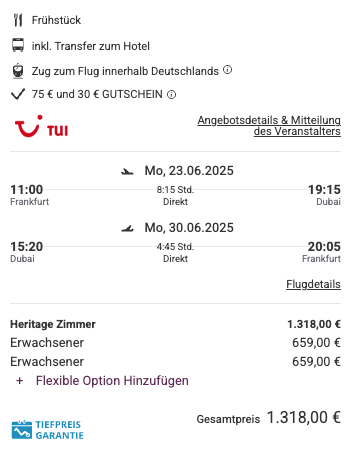 Dieses Angebot ist nur ein Beispiel, Abflughäfen und Reisedaten könnt ihr ganz einfach unter "𝗭𝗨𝗠 𝗗𝗘𝗔𝗟" individuell einstellen. Reisepreise, vor allem bei Lastminute-Abreisen, können sich außerdem rasant ändern; sollte dieser Dealpreis nicht mehr verfügbar sein, dann zeigt euch unser System automatisch den neuen Bestpreis an. 😊