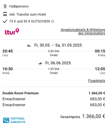 Dieses Angebot ist nur ein Beispiel, Abflughäfen und Reisedaten könnt ihr ganz einfach unter "𝗭𝗨𝗠 𝗗𝗘𝗔𝗟" individuell einstellen. Reisepreise, vor allem bei Lastminute-Abreisen, können sich außerdem rasant ändern; sollte dieser Dealpreis nicht mehr verfügbar sein, dann zeigt euch unser System automatisch den neuen Bestpreis an.