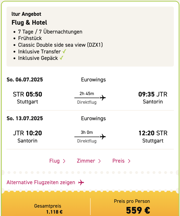 Dieses Angebot ist nur ein Beispiel, Abflughäfen und Reisedaten könnt ihr ganz einfach unter "𝗭𝗨𝗠 𝗗𝗘𝗔𝗟" individuell einstellen. Reisepreise, vor allem bei Lastminute-Abreisen, können sich außerdem rasant ändern; sollte dieser Dealpreis nicht mehr verfügbar sein, dann zeigt euch unser System automatisch den neuen Bestpreis an. 😊