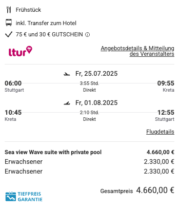 Dieses Angebot ist nur ein Beispiel, Abflughäfen und Reisedaten könnt ihr ganz einfach unter "𝗭𝗨𝗠 𝗗𝗘𝗔𝗟" individuell einstellen. Reisepreise, vor allem bei Lastminute-Abreisen, können sich außerdem rasant ändern; sollte dieser Dealpreis nicht mehr verfügbar sein, dann zeigt euch unser System automatisch den neuen Bestpreis an. 😊