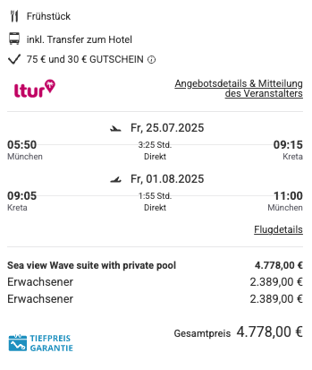 Dieses Angebot ist nur ein Beispiel, Abflughäfen und Reisedaten könnt ihr ganz einfach unter "𝗭𝗨𝗠 𝗗𝗘𝗔𝗟" individuell einstellen. Reisepreise, vor allem bei Lastminute-Abreisen, können sich außerdem rasant ändern; sollte dieser Dealpreis nicht mehr verfügbar sein, dann zeigt euch unser System automatisch den neuen Bestpreis an. 😊
