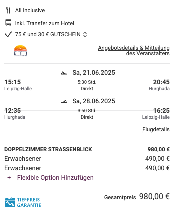 Dieses Angebot ist nur ein Beispiel, Abflughäfen und Reisedaten könnt ihr ganz einfach unter "𝗭𝗨𝗠 𝗗𝗘𝗔𝗟" individuell einstellen. Reisepreise, vor allem bei Lastminute-Abreisen, können sich außerdem rasant ändern; sollte dieser Dealpreis nicht mehr verfügbar sein, dann zeigt euch unser System automatisch den neuen Bestpreis an. 😊