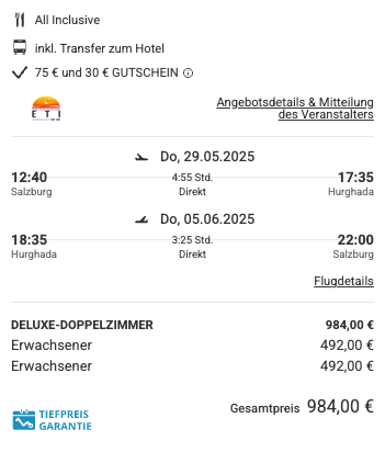 Dieses Angebot ist nur ein Beispiel, Abflughäfen und Reisedaten könnt ihr ganz einfach unter "𝗭𝗨𝗠 𝗗𝗘𝗔𝗟" individuell einstellen. Reisepreise, vor allem bei Lastminute-Abreisen, können sich außerdem rasant ändern; sollte dieser Dealpreis nicht mehr verfügbar sein, dann zeigt euch unser System automatisch den neuen Bestpreis an. 😊