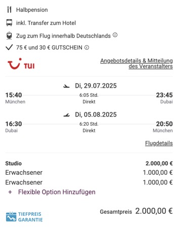 Dieses Angebot ist nur ein Beispiel, Abflughäfen und Reisedaten könnt ihr ganz einfach unter "𝗭𝗨𝗠 𝗗𝗘𝗔𝗟" individuell einstellen. Reisepreise, vor allem bei Lastminute-Abreisen, können sich außerdem rasant ändern; sollte dieser Dealpreis nicht mehr verfügbar sein, dann zeigt euch unser System automatisch den neuen Bestpreis an. 😊