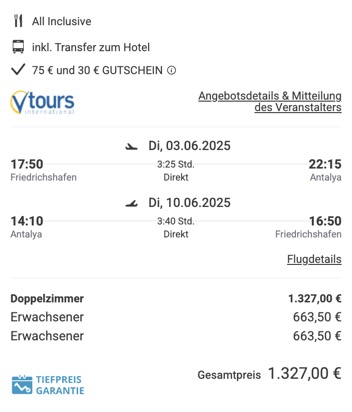 Dieses Angebot ist nur ein Beispiel, Abflughäfen und Reisedaten könnt ihr ganz einfach unter "𝗭𝗨𝗠 𝗗𝗘𝗔𝗟" individuell einstellen. Reisepreise, vor allem bei Lastminute-Abreisen, können sich außerdem rasant ändern; sollte dieser Dealpreis nicht mehr verfügbar sein, dann zeigt euch unser System automatisch den neuen Bestpreis an. 😊
